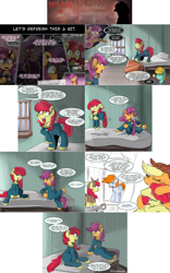 Size: 2562x4116 | Tagged: safe, artist:redheadfly, imported from derpibooru, apple bloom, applejack, lightning dust, scootaloo, pony, comic:dps, comic, older, self paradox, self ponidox, suitcase, tumblr:ask-adultscootaloo