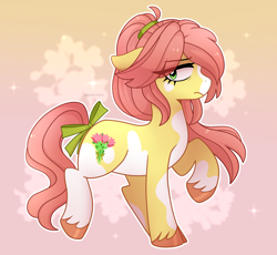 Size: 1892x1740 | Tagged: safe, artist:emera33, imported from derpibooru, earth pony, pony, alternate hairstyle, bow, coat markings, eye clipping through hair, female, floppy ears, g5, gradient background, lidded eyes, loose hair, mare, posey bloom, solo, standing on two hooves, tail, tail bow, unshorn fetlocks