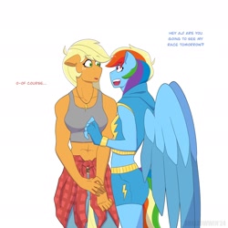 Size: 1948x1948 | Tagged: safe, artist:shallowwin, imported from derpibooru, applejack, rainbow dash, anthro, earth pony, pegasus, appledash, dialogue, duo, duo female, female, girlfriend, heart, lesbian, love, mare, shipping, simple background, white background, wings