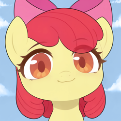 Size: 2048x2048 | Tagged: safe, imported from derpibooru, apple bloom, earth pony, pony, :3, adorabloom, ai assisted, ai content, bust, chibi, cloud, cute, female, filly, foal, looking at you, mutsuki face, portrait, sky, solo