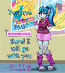 Size: 2586x2891 | Tagged: safe, artist:zlatdesign, derpibooru exclusive, imported from derpibooru, sonata dusk, equestria girls, boots, bronybait, clothes, cute, gem, miniskirt, rainbow rocks 10th anniversary, shoes, siren gem, skirt, taco tuesday, text