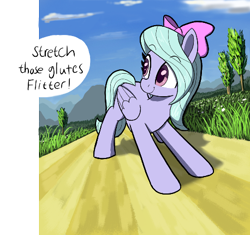 Size: 458x430 | Tagged: safe, artist:maretian, imported from derpibooru, flitter, pegasus, pony, bow, cute, eyebrows, eyebrows visible through hair, female, flitterbetes, folded wings, grass, hair bow, mare, offscreen character, smiling, solo, speech bubble, stretching, tree, wings