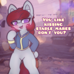 Size: 2664x2664 | Tagged: safe, alternate version, artist:sodapop sprays, imported from derpibooru, oc, oc only, oc:skyfire lumia, pegasus, pony, fallout equestria, blushing, boykisser, clothes, ear fluff, eye clipping through hair, fallout, jumpsuit, looking at you, smug, solo, stable (vault), text, vault dweller, vault suit