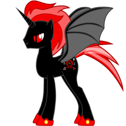 Size: 2000x2000 | Tagged: safe, artist:dashiemlpfim, imported from derpibooru, oc, oc only, oc:omega brony, alicorn, bat pony, alicorn oc, alicornified, backstory in description, black and red mane, cutie mark, evil grin, grin, horn, lore, mary sue, oc villain, overpowered, race swap, smiling, wings