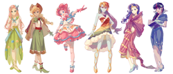 Size: 4302x1850 | Tagged: safe, artist:xiaozhi359, imported from derpibooru, applejack, fluttershy, pinkie pie, rainbow dash, rarity, twilight sparkle, human, equestria girls, clothes, dress, gala dress, mane six, simple background, white background