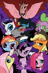 Size: 2008x3088 | Tagged: safe, artist:duvivi, idw, imported from derpibooru, applejack, fluttershy, king sombra, pinkie pie, princess cadance, rainbow dash, rarity, spike, twilight sparkle, alicorn, dragon, earth pony, pegasus, pony, unicorn, reflections, spoiler:comic, alternate universe, dark mirror universe, evil applejack, evil cadance, evil counterpart, evil fluttershy, evil rainbow dash, evil spike, evil twilight, former good king sombra, good king sombra, horn, i can't believe it's not idw, mane seven, mane six, mirror universe, pinkamena diane pie, wingless spike