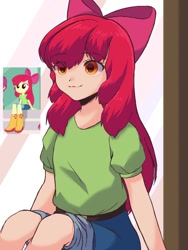 Size: 768x1024 | Tagged: safe, artist:namaenonaipony, imported from derpibooru, apple bloom, human, equestria girls, belt, clothes, denim, humanized, jeans, pants, reference used, screencap reference, shirt, sitting, smiling, solo, t-shirt