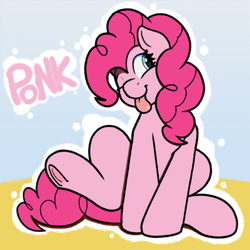 Size: 2048x2048 | Tagged: safe, artist:sefastpone, imported from derpibooru, pinkie pie, earth pony, pony, ;p, abstract background, cute, diapinkes, frog (hoof), one eye closed, ponk, sitting, tongue out, underhoof, wink