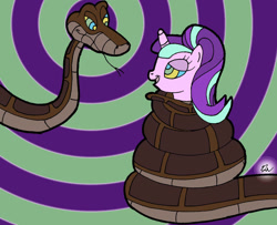 Size: 1024x833 | Tagged: safe, artist:lol20, imported from derpibooru, starlight glimmer, pony, snake, unicorn, coils, cute, female, horn, hypno eyes, hypnosis, hypnotized, kaa, kaa eyes, looking at each other, looking at someone, male, mare, open mouth, open smile, s5 starlight, smiling, smiling at each other, snake tail, tail, tongue out, wrapped snugly, wrapped up