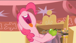 Size: 1280x720 | Tagged: safe, imported from derpibooru, screencap, pinkie pie, earth pony, the one where pinkie pie knows, apple, female, food, open mouth, solo, sugarcube corner, tongue out