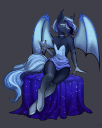 Size: 1712x2153 | Tagged: safe, artist:maryy2323, imported from derpibooru, oc, oc only, oc:nightwing, anthro, bat pony, unguligrade anthro, alcohol, anthro oc, bat pony oc, bat wings, blue eyes, blue mane, blue wings, choker, clothes, cocktail, crossdressing, dress, drink, eyeshadow, femboy, gray background, lidded eyes, makeup, male, martini glass, simple background, sitting, smiling, solo, strapless, strapless dress, wings