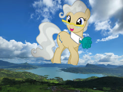 Size: 2048x1536 | Tagged: safe, artist:starryshineviolet, edit, editor:jaredking779, imported from derpibooru, mayor mare, earth pony, pony, collar, cravat, female, giant pony, giantess, glasses, highrise ponies, irl, lake, looking at you, macro, mare, mountain, nature, photo, ponies in real life, raised hoof, smiling, solo, story included, water