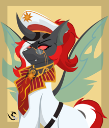 Size: 2847x3325 | Tagged: safe, artist:samsailz, imported from derpibooru, oc, oc:red rocket, changeling, equestria at war mod, background, belt, clothes, fangs, glasses, hat, necktie, red changeling, red eyes, serious, solar empire, uniform, wings