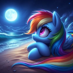 Size: 1024x1024 | Tagged: safe, imported from derpibooru, rainbow dash, pegasus, pony, ai content, ai generated, beach, closed mouth, cute, dashabetes, eyes open, female, folded wings, full moon, generator:bing image creator, generator:dall-e 3, lying down, mare, moon, night, outdoors, prompter:nightofcore, solo, wings