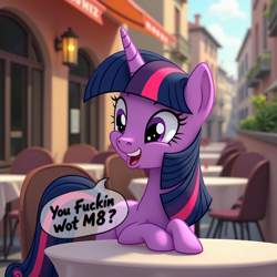 Size: 1024x1024 | Tagged: safe, derpibooru exclusive, imported from derpibooru, twilight sparkle, pony, unicorn, ai content, ai generated, british, female, generator:fluxai, horn, missing cutie mark, prompter:button fixer, restaurant, solo, speech bubble, swearing, u wot m8, vulgar