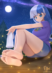 Size: 2480x3425 | Tagged: safe, artist:focusb, imported from derpibooru, minuette, human, equestria girls, barefoot, breasts, busty minuette, camp everfree outfits, feet, female, full moon, high res, human coloration, moon, night, sock, solo