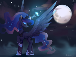 Size: 1439x1079 | Tagged: safe, artist:unclechai, imported from derpibooru, princess luna, alicorn, pony, female, lofter, magic, moon, night, solo