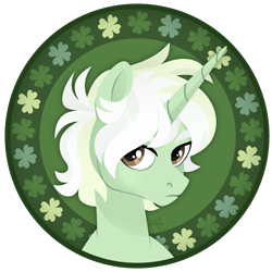 Size: 3000x3000 | Tagged: safe, artist:kabuvee, imported from derpibooru, oc, oc only, oc:trefoil clover, pony, unicorn, artfight, brown eyes, bust, clover, colored eyebrows, fluffy mane, four leaf clover, frown, gift art, green coat, horn, lineless, long horn, male, male oc, portrait, short mane, solo, stallion, stallion oc, three toned mane, unicorn horn, white mane