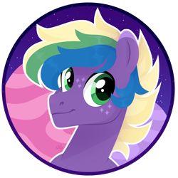 Size: 3000x3000 | Tagged: safe, artist:kabuvee, imported from derpibooru, oc, oc only, oc:nebuloid love, earth pony, pegasus, pony, artfight, bust, colored eartips, earth pony oc, freckles, gift art, green eyes, lineless, male, male oc, outline, pegasus oc, portrait, purple coat, shiny mane, signature, smiling, solo, stallion, stallion oc, star freckles, striped mane, three toned mane, two toned ears, wings