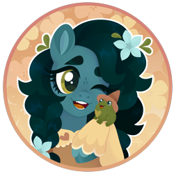 Size: 3000x3000 | Tagged: safe, artist:kabuvee, imported from derpibooru, oc, oc only, oc:dew, earth pony, frog, pony, artfight, blue coat, blue hooves, braid, braided pigtails, bust, clothes, coat, colored eartips, colored eyebrows, colored hooves, colored pinnae, colored pupils, dark mane, earth pony oc, eye markings, eyelashes, fangs, female, female oc, flower, flower in hair, gift art, green eyes, green pupils, hooves, long mane, looking at something, looking at sometihng, mare, mare oc, one eye closed, open mouth, open smile, pigtails, portrait, shiny mane, smiling, solo, thick eyebrows, three toned ears, tied mane, two toned mane, unshorn fetlocks