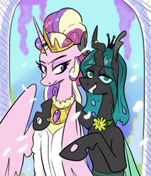 Size: 1852x2153 | Tagged: source needed, safe, artist:smirk, imported from derpibooru, princess cadance, queen chrysalis, semi-anthro, alternate universe, annoyed, bucktooth, cadalis, clothes, crown, dress, duo, female, flower, hair up, infidelity, jewelry, lesbian, lidded eyes, marriage, one sided shipping, regalia, shipping