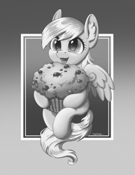 Size: 1738x2249 | Tagged: safe, artist:taytinabelle, imported from derpibooru, derpy hooves, pegasus, pony, black and white, cute, derpabetes, ear fluff, female, floating, food, gradient background, grayscale, halftone, happy, hoof hold, looking at you, manga style, mare, monochrome, muffin, smiling, solo, spread wings, wings