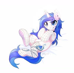 Size: 1280x1271 | Tagged: safe, artist:shpoof_, imported from derpibooru, oc, oc only, oc:mind, pony, unicorn, blue mane, choker, clothes, cute, horn, simple background, smiling, socks, solo, stockings, thigh highs, unicorn oc