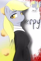 Size: 2362x3543 | Tagged: safe, artist:orivika_, imported from derpibooru, derpy hooves, human, black and white, blood, clothes, food, grayscale, humanized, killer, looking at you, monochrome, muffin