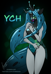 Size: 1640x2360 | Tagged: safe, artist:stirren, imported from derpibooru, queen chrysalis, bodysuit, clothes, commission, crown, jewelry, latex, latex suit, living clothes, living suit, looking at you, pinup, ponysuit, regalia, shiny, your character here