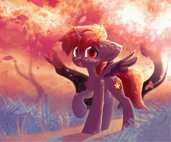 Size: 3000x2500 | Tagged: safe, artist:persikulka, imported from derpibooru, oc, oc only, oc:hardy, alicorn, pony, alicorn oc, autumn, backlighting, big ears, big eyes, big hooves, chest fluff, colored pupils, colored wings, colored wingtips, detailed background, dirt road, eyebrows, eyebrows visible through hair, falling leaves, floppy ears, grass, horn, leaves, looking at you, multicolored mane, multicolored tail, open mouth, open smile, outdoors, purple coat, purple wingtips, raised hoof, red eyes, red pupils, signature, slender, small wings, smiling, smiling at you, solo, spread wings, standing, standing on three hooves, tail, thin, tree, two toned wings, unicorn horn, wings