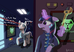 Size: 1527x1080 | Tagged: safe, artist:darkdabula, imported from derpibooru, twilight sparkle, cyborg, cyborg pony, pony, unicorn, glowing, glowing horn, horn, magic, magic aura, pun, shodan, standing, system shock, telekinesis, unicorn twilight, wrench