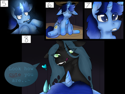 Size: 4000x3000 | Tagged: safe, imported from derpibooru, queen chrysalis, oc, oc:blue thunder, comic, dizzy, forest, kidnapped, nature, tree