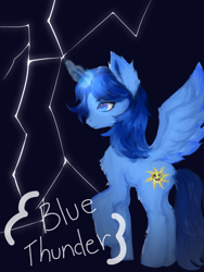 Size: 1536x2048 | Tagged: safe, imported from derpibooru, oc, oc:blue thunder, hero, lightning, title