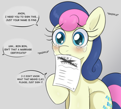 Size: 2000x1800 | Tagged: safe, artist:anonymous, imported from derpibooru, bon bon, sweetie drops, oc, oc:anon, earth pony, pony, adorable distress, adorabon, blushing, comic, crying, cute, drawthread, eyebrows, eyebrows visible through hair, lies, marriage certificate, offscreen character, offscreen human, one-panel comic, ponified comic, ponified manga, requested art, sad, sadorable, scam, sniffling, stuttering, teary eyes