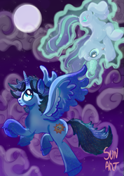 Size: 723x1023 | Tagged: safe, imported from derpibooru, starlight glimmer, oc, oc:blue thunder, alicorn, flying, magic, moon, telekinesis