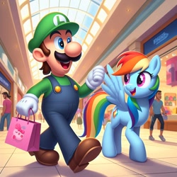 Size: 1024x1024 | Tagged: safe, artist:user15432, imported from derpibooru, rainbow dash, human, pegasus, pony, ai content, ai generated, alternate cutie mark, bag, crossover, generator:bing image creator, generator:dall-e 3, looking at each other, looking at someone, luigi, mall, open mouth, open smile, prompter:user15432, shop, shopping, shopping bag, shopping mall, smiling, store, super mario bros.