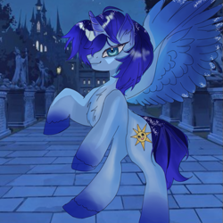 Size: 601x601 | Tagged: safe, imported from derpibooru, oc, oc:blue thunder, alicorn, canterlot, castle, spread wings, wings