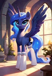 Size: 800x1169 | Tagged: safe, imported from derpibooru, princess luna, alicorn, pony, ai content, ai generated, clothes, female, generator:pony diffusion v6 xl, generator:stable diffusion, mare, prompter:gregorymars, socks, solo