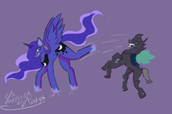 Size: 1188x794 | Tagged: safe, artist:partyratt, imported from derpibooru, princess luna, alicorn, changeling, pony, duo, female, fight, kick, male, mare, spread wings, wings