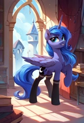 Size: 800x1169 | Tagged: safe, imported from derpibooru, princess luna, alicorn, pony, ai content, ai generated, clothes, female, generator:pony diffusion v6 xl, generator:stable diffusion, mare, prompter:gregorymars, socks, solo