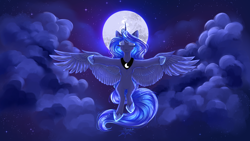 Size: 3840x2160 | Tagged: safe, artist:jsunlight, imported from derpibooru, princess luna, alicorn, pony, cloud, female, flying, mare, moon, night, sky, solo, spread wings, stars, wallpaper, wings