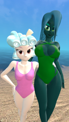 Size: 1080x1920 | Tagged: safe, artist:oatmeal!, imported from derpibooru, cozy glow, queen chrysalis, human, equestria girls, 3d, beach, breasts, cleavage, clothes, duo, duo female, female, gmod, green swimsuit, hand on hip, holding, legs together, looking at you, mommy chrissy, ocean, older, older cozy glow, one-piece swimsuit, pink swimsuit, sexy, simple background, swimsuit, water