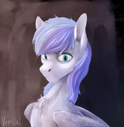 Size: 2065x2105 | Tagged: safe, artist:vepital', imported from derpibooru, oc, oc only, oc:discoordination, pegasus, blue eyes, bust, chest fluff, folded wings, gift art, looking at you, male, pegasus oc, pegasus wings, portrait, simple background, solo, stallion, two toned mane, wings