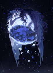 Size: 4000x5428 | Tagged: safe, artist:miurimau, imported from derpibooru, oc, oc only, pegasus, pony, absurd resolution, commission, constellation, female, frown, geode, hair over one eye, large wings, looking at you, mare, moon, solo, stars, tangible heavenly object, wings, wings down