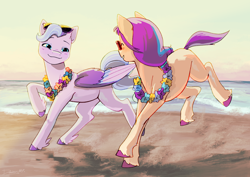 Size: 4132x2919 | Tagged: safe, artist:daisy_marshmallow, imported from derpibooru, queen haven, sunny starscout, pegasus, pony, absurd resolution, beach, blushing, crepuscular rays, duo, duo female, female, flower, g5, lei, lesbian, looking at each other, looking at someone, mare, ocean, raised hooves, shipping, smiling, smiling at each other, sunglasses, sunglasses on head, sunlight, sunnyhaven, unshorn fetlocks, walking, water