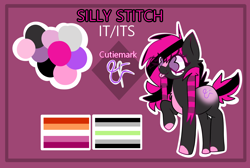 Size: 1490x1000 | Tagged: safe, artist:darling, imported from derpibooru, oc, oc only, oc:silly stitch, earth pony, pony, agender, agender pride flag, blaze (coat marking), chest fluff, coat markings, color palette, colored hooves, coontails, ear fluff, emo, eye clipping through hair, facial markings, female, hooves, lesbian, lesbian pride flag, lgbt, no catchlights, pink hooves, pride, pride flag, purple eyes, raised hoof, reference sheet, scemo, scene, short tail, smiling, standing on three hooves, tail, tongue out, two toned mane, two toned tail