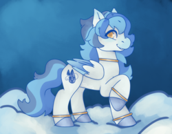 Size: 1800x1400 | Tagged: safe, artist:aquickthwipquip, imported from derpibooru, oc, oc only, oc:dizzle delight, pegasus, pony, bangles, blue, blue hooves, blue sky, cloud, colored eartips, colored hooves, colored wings, colored wingtips, ear fluff, eyelashes, folded wings, gradient ears, gradient muzzle, hooves, long mane, long tail, looking back, on a cloud, profile, raised hoof, shiny hooves, sky background, smiling, standing on a cloud, tail, three toned mane, three toned tail, three toned wings, white coat, wings, yellow eyes, yellow pupils