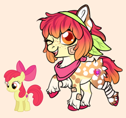 Size: 1280x1191 | Tagged: safe, artist:malinraf1615, imported from derpibooru, apple bloom, earth pony, pony, alternate accessories, alternate color palette, alternate design, alternate hairstyle, alternate mane color, alternate tail color, alternate tailstyle, alternate universe, bandage, bandaged leg, bandaid, bandana, big head, butt fluff, chest fluff, coat markings, colored belly, colored hooves, colored pinnae, cream belly, ear fluff, ear markings, eyelashes, fluffy, freckles, gradient ears, gradient eyes, gradient mane, gradient tail, headband, hooves, multicolored mane, multicolored tail, neckerchief, one eye closed, open mouth, open smile, orange eyes, pale belly, raised hoof, raised leg, red hooves, red pupils, redesign, short mane, smiling, socks (coat markings), solo, spots, spotted, standing on two hooves, tail, unshorn fetlocks, wink, yellow coat