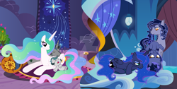 Size: 1280x646 | Tagged: safe, artist:velveagicsentryyt, imported from derpibooru, king sombra, princess celestia, princess luna, oc, oc:batty, oc:jade, oc:starlit luminary, bat pony, pony, female, filly, foal, good king sombra, offspring, parent:king sombra, parent:princess celestia, parent:princess luna, parents:celestibra, sleeping