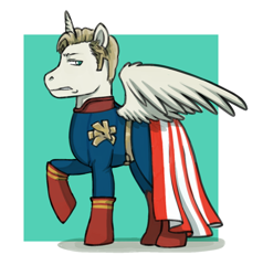 Size: 1276x1339 | Tagged: safe, artist:ichigomaru, imported from derpibooru, alicorn, pony, cape, clothes, crossover, fanart, homelander, male, ponified, solo, stallion, suit, superhero, the boys